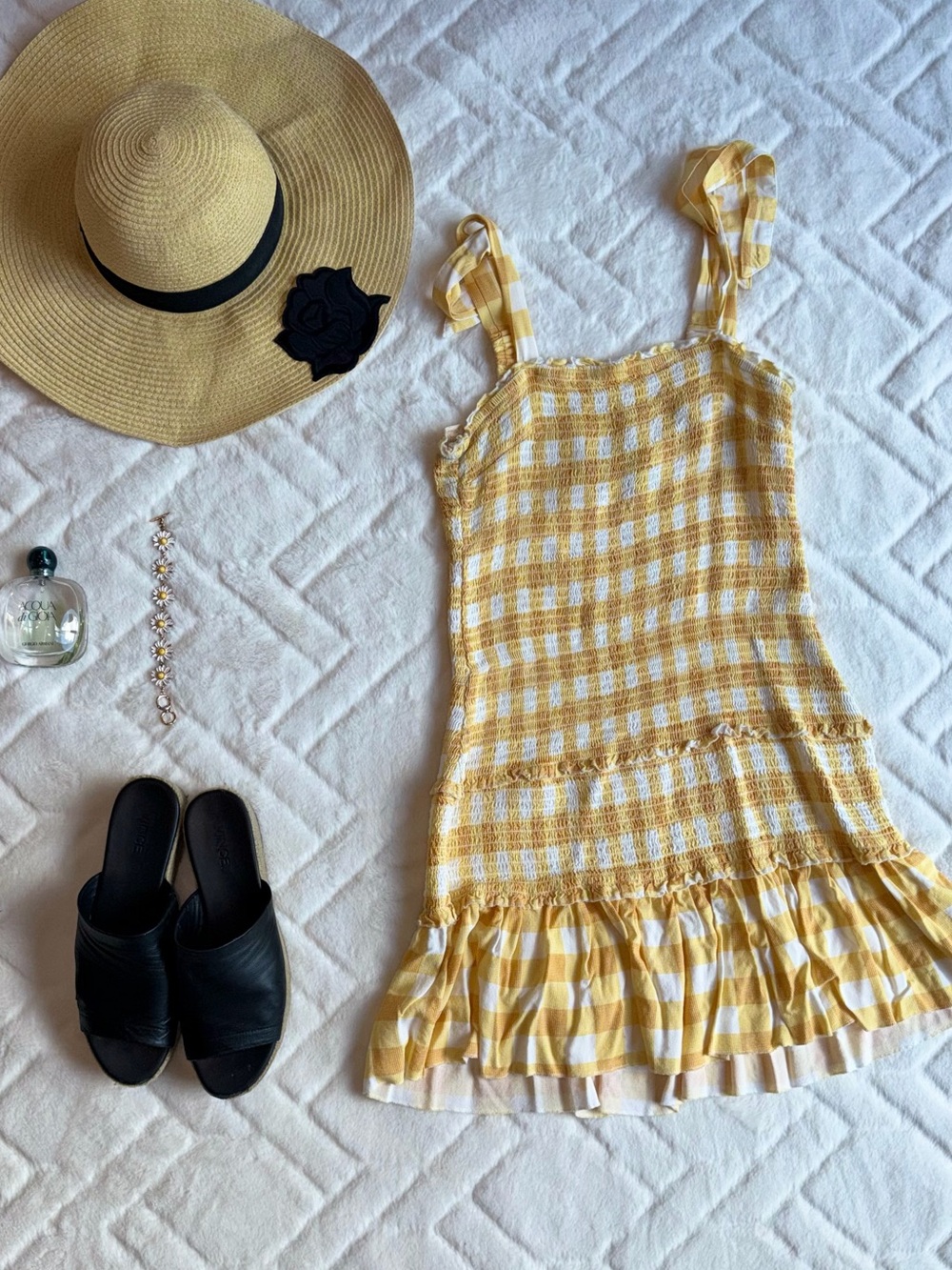 Sincerely Jules Yellow and White Gingham Tie-Strap Ruffle Dress